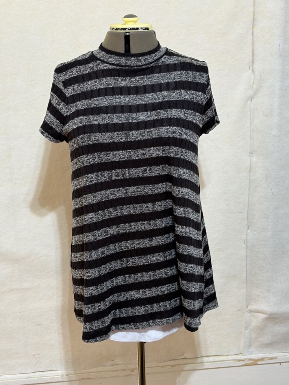 Pink Rose Black & Gray Striped Short Sleeve Tee